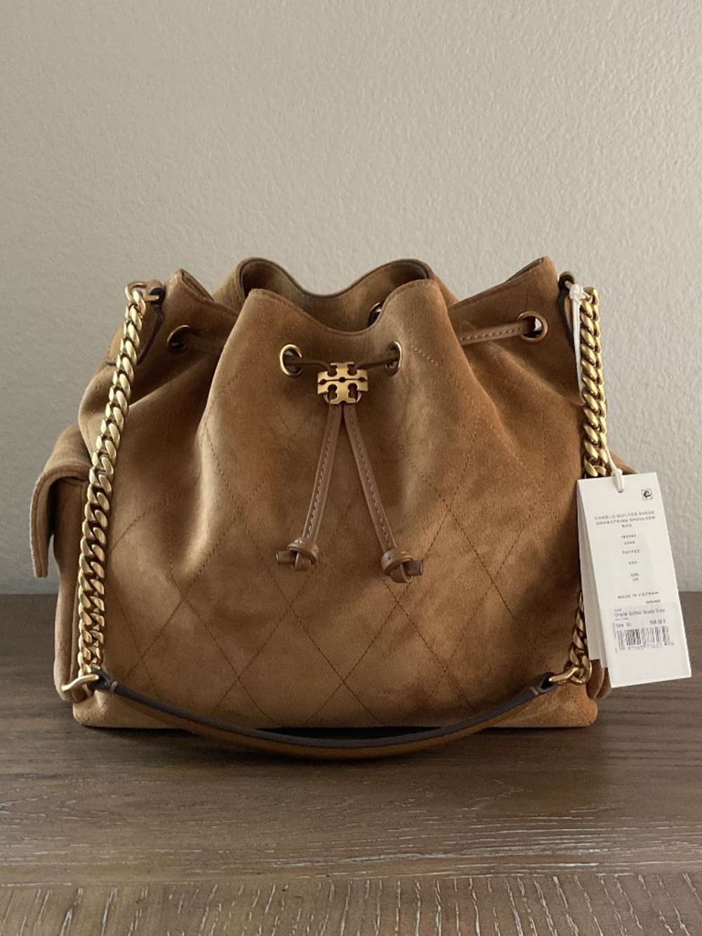 CHARLIE QUILTED SUEDE DRAWSTRING SHOULDER BAG